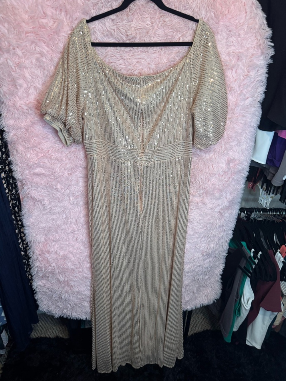 Off-Shoulder Sequin Gown in Champagne Blush NWT - Picture 8 of 10